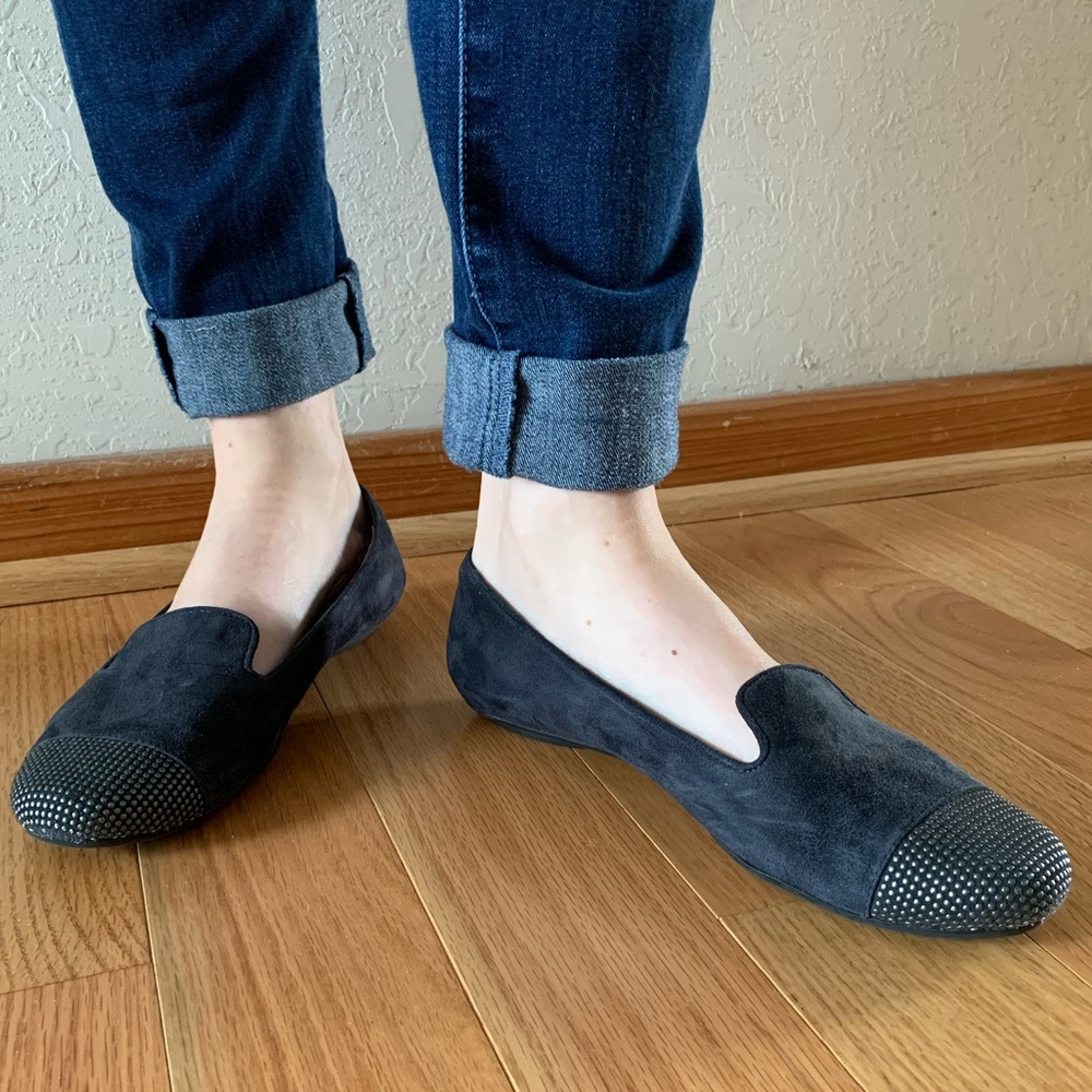 Vaneli Navy Suede Flats with Silver Detailing